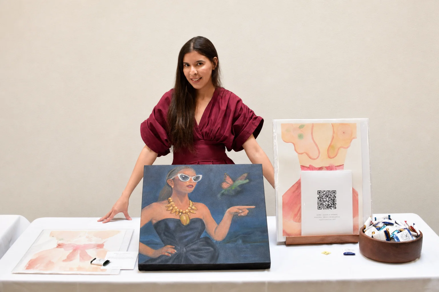 Angie Rangel presenting her artworks and Leave a Memory activation at the 2026 Colombian Independence celebration in San Francisco