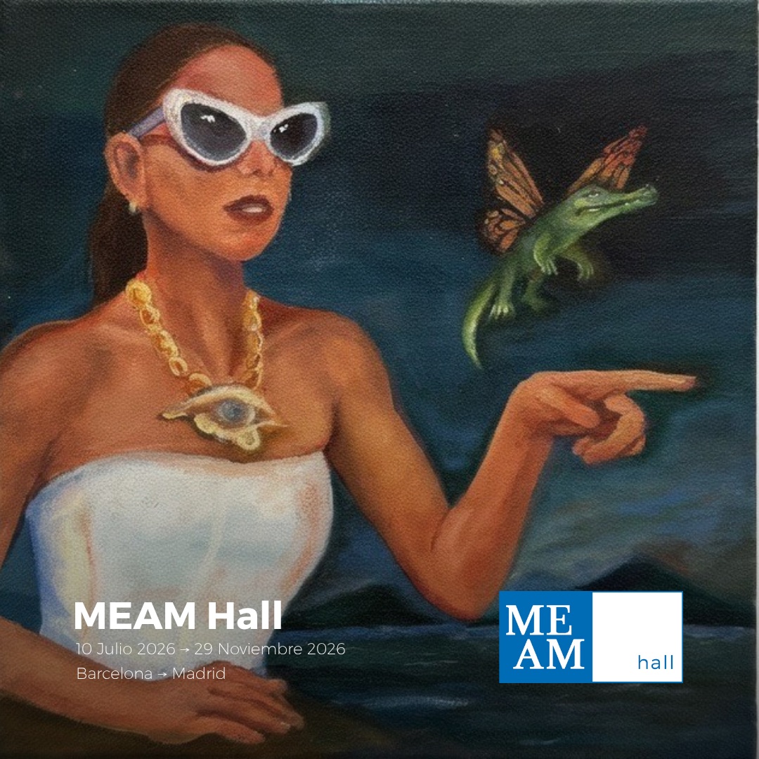 Nuevos Horizontes, Angie Rangel, 2026 — Oil on canvas, 20 × 20 cm. Exhibited at The MEAM Hall, MEAM Barcelona